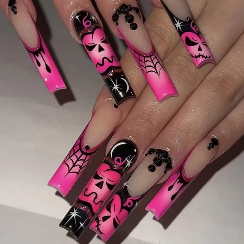 Vista 21 de MISUD Uñas postizas largas con diseño de ataúd con oro negro, diseño acrílico de copo de nieve con purpurina, 24 piezas