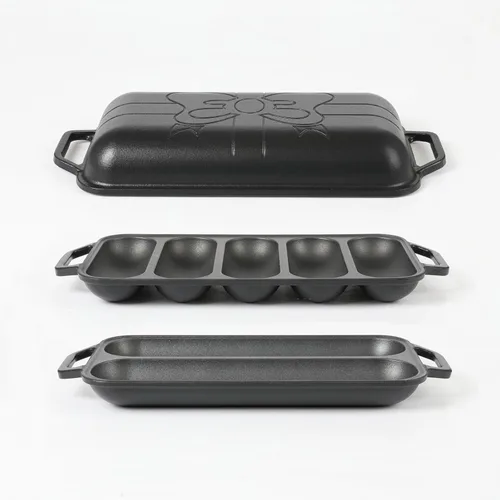 Vista 3 de HAWOK Pan de baguette de hierro fundido pre-sazonado, juego de hornear 3 en 1 con bandeja completa de baguette, mini bandeja de 5 ranuras y bandeja