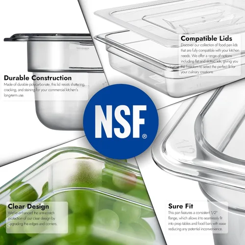 Vista 5 de CURTA Paquete de 6 bandejas de comida NSF, tamaño medio de 2 1/2 pulgadas de profundidad, plástico de policarbonato comercial transparente apto