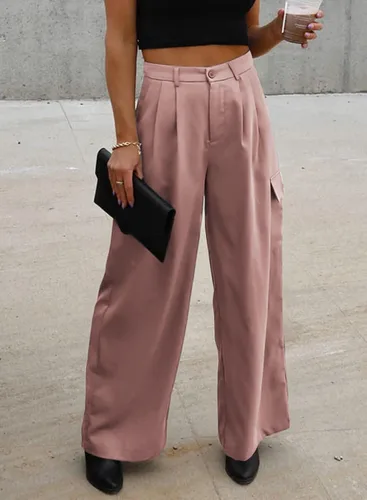 Vista 2 de Dokotoo - Pantalones cargo de cintura alta y pierna ancha para mujer, pantalones holgados de trabajo casuales con 4 bolsillos