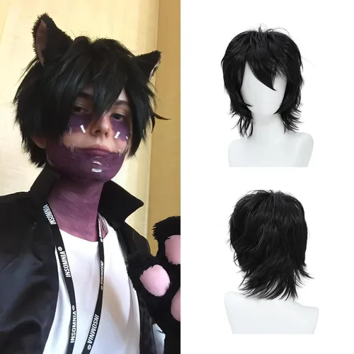 Vista 2 de Kavsni Unisex Mujeres Hombres Hombres Corto Negro Esponjoso Pelo Pelucas Anime Cosplay Fiesta Vestido Disfraz Peluca Sintética (negro)
