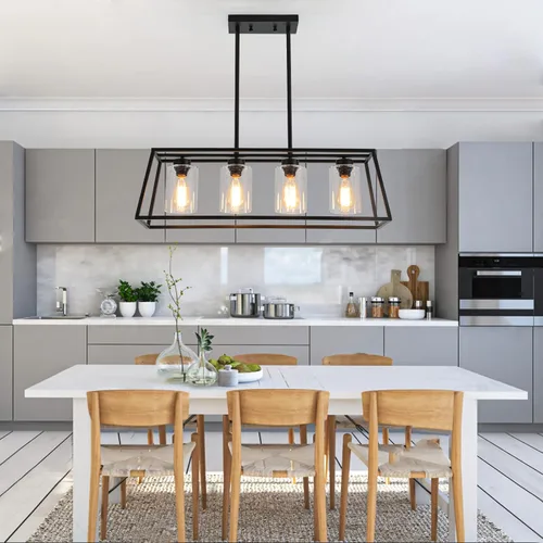 Vista 4 de Candelabros negros de granja para comedor, lámpara rústica de isla de cocina, lámpara colgante lineal de 4 luces, isla de cocina con pantalla