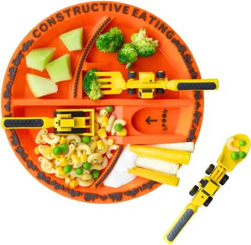 Vista 2 de Set de plato y utensilios para comer Constructive Eating con motivo de construcción, Amarillo y naranja