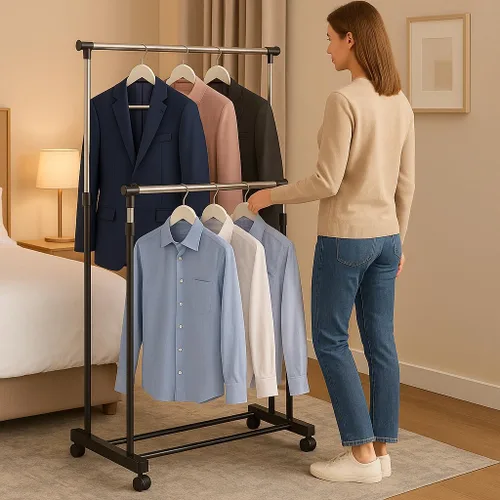 Vista 2 de Perchero resistente con ruedas resistentes, capacidad de carga de 450 libras, estante antideslizante de metal ajustable para colgar ropa