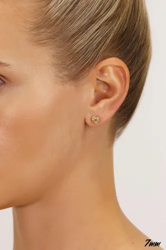 Vista 2 de Aretes de oro de 14 quilates con nudo de amor para mujer con poste largo de rosca