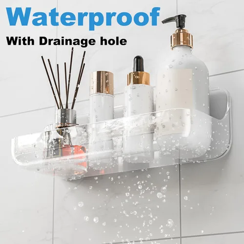 Vista 3 de Organizador adhesivo para ducha, paquete de 2 estantes acrílicos para baño, sin taladro, organizador de montaje en pared, estante de almacenamiento