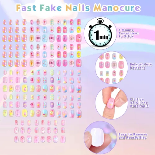 Vista 3 de Shynek Uñas Postizas para Niñas, 168 Piezas de Uñas Postizas Infantiles con Adhesivo Pre-Pegado, Juego de Uñas Postizas de Cubierta Completa
