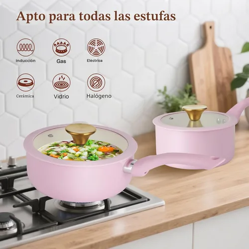Vista 5 de M MELENTA Juego de ollas y sartenes antiadherentes, juego de utensilios de cocina de cerámica rosa, utensilios de cocina de inducción de 11 piezas