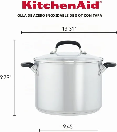 Vista 2 de [Usado] KitchenAid 71022 Olla de Acero Inoxidable con Marcas de Medición y Tapa, 8 Cuartos - Acero Inoxidable Cepillado