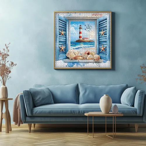 Vista 6 de PICKFORU Rompecabezas de playa para adultos de 1000 piezas, rompecabezas de faro con arte de ventana 3D y conchas marinas, rompecabezas únicos