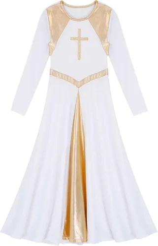 Vista 4 de CHICTRY Vestido de baile de alabanza litúrgica metálico para niños y niñas, manga larga, bloque de color, disfraz de adoración lírica, ropa de baile