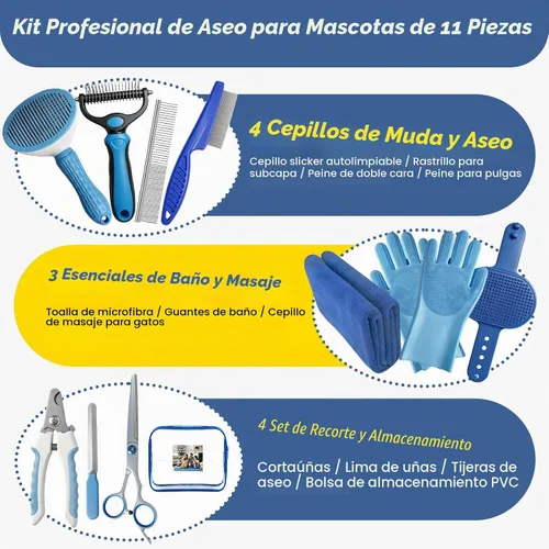Vista 2 de 11 Piece Dog Grooming Kit - Hair, Nail, Massage Bath Supplies For Pets Cats Blue