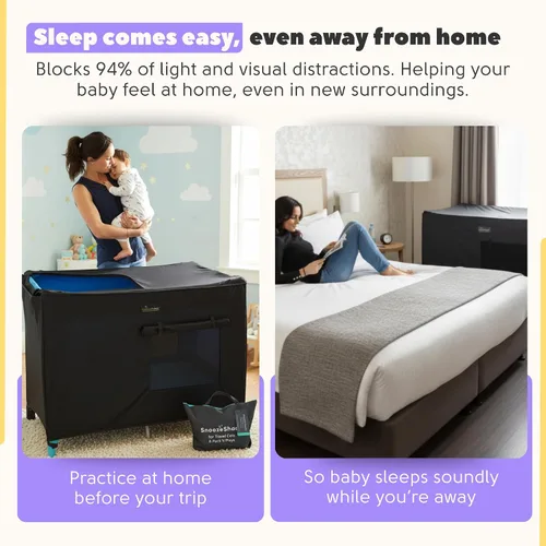 Vista 2 de Corral con capota SnoozeShade malla respirable y sombra para dormir Blackout canopy blocks up to 94% of light for naps anywhere. Fits pack n