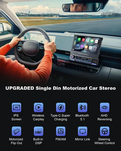 Vista 9 de Estéreo de auto de un solo DIN 2025 con Apple CarPlay y Android Auto - Radio de coche Bluetooth 5.1 de 7 pulgadas con pantalla táctil motorizada