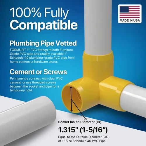 Vista 5 de Codo de 3 vías de PVC de grado para muebles de 1 pulgada en amarillo, fabricado en Estados Unidos, resistente a los rayos UV, a prueba de impactos