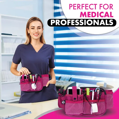 Vista 6 de First Lifesaver Riñonera para enfermera con múltiples compartimentos y soporte para cinta, Rosado, L, Riñonera manos libres con múltiples