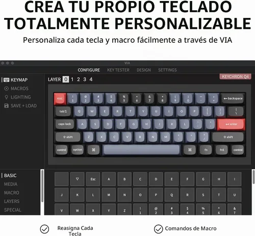 Vista 4 de Keychron Q4 Teclado mecánico personalizado con cable, 60% de diseño QMK/VIA macro programable con interruptor rojo Gateron G Pro intercambiable