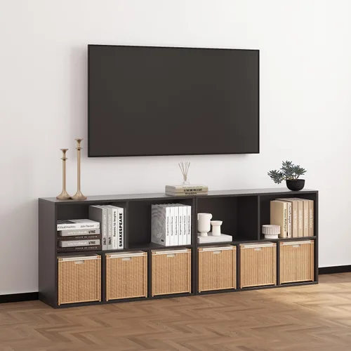 Vista 4 de Organizador de almacenamiento de 5 compartimentos de madera con panel trasero cerrado, estante de cubos negro resistente, organizador
