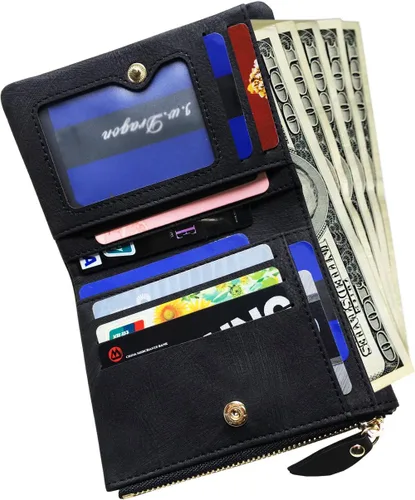 Vista 3 de PofeeXIO Carteras pequeñas Rfid para mujer, billetera plegable con bolsillo para monedas, mini monedero suave y compacto, Negro oscuro, Minimalista