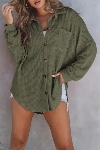 Vista 3 de SHEWIN Women's Waffle Knit Button Down Shirts Casual Long Sleeve Shacket Jacket Boyfriend Tops Blouses Loose Fit