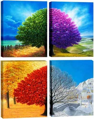 Vista 8 de Wieco Art Lienzo decorativo de 4 paneles para pared, diseño de árbol de cuatro estaciones, coloridas impresiones de paisaje de primavera, verano