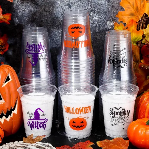 Vista 7 de Meanplan 90 vasos de plástico para fiesta de Halloween de 12 onzas desechables transparentes con estampado aterrador para licor, café, jugo