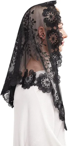 Vista 3 de Mantilla triangular de encaje para cubrir la cabeza de masas latinas velo de encaje grande