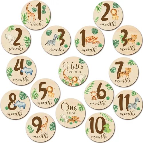 Vista 9 de Tiamon 16 tarjetas mensuales de madera para bebé, discos de marcador de hitos mensuales, círculos de madera de doble cara, letreros de meses