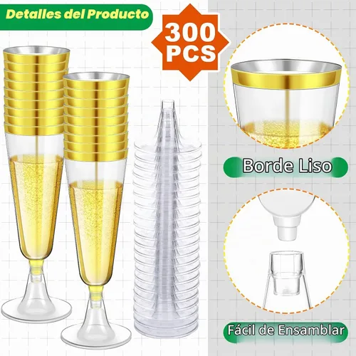 Vista 3 de Gerrii 300 copas de champán de plástico a granel, copas de champán desechables transparentes de 4.5 onzas, vasos de tostado con borde para boda