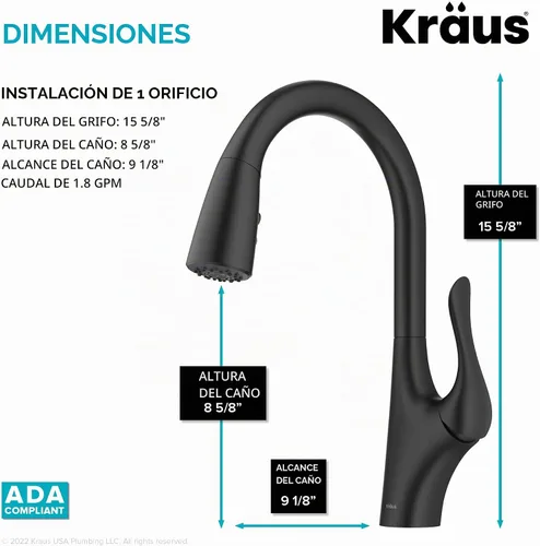 Vista 6 de Kraus Merlin - Grifo de cocina con un solo mango extraíble en transición, color negro mate, KPF-1674MB