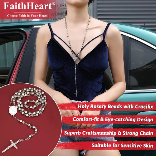 Vista 3 de FaithHeart Christian Rosary Bead Cross Necklace for Women Men, Stainless Steel Praying Rosary Y Necklace Jewelry, Gift Box