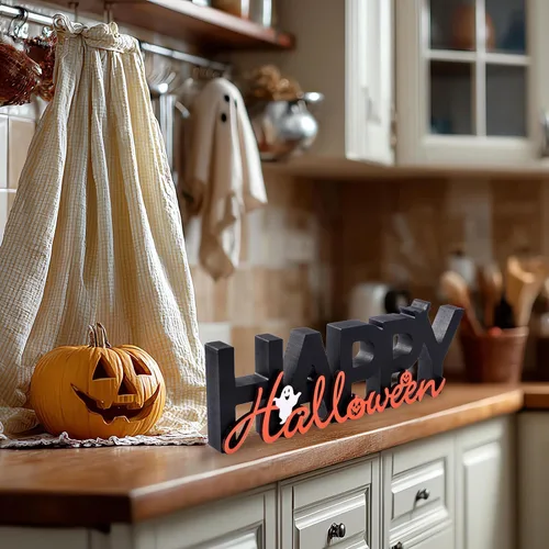 Vista 6 de GHOSTMAGIC Happy Halloween Sign Wooden Table Centerpiece Indoor Decoration 3D Wooden Tabletop Sign with Cute Ghost & Pumpkin for Halloween Decor