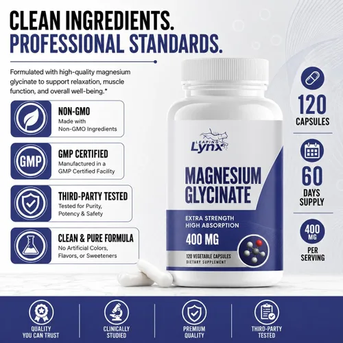Vista 3 de Glicinato de magnesio 400 mg – Magnesio quelado de alta absorción, extra fuerte 120 cápsulas (suministro para 60 días) Calma, recuperación