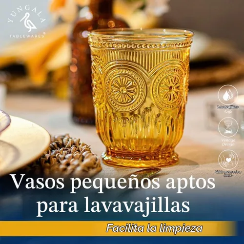 Vista 2 de Juego de vasos de beber ámbar Yungala, conjunto de 6 vasos de vidrio ámbar, vasos pequeños de agua de 8 oz, vasos de hobnail aptos