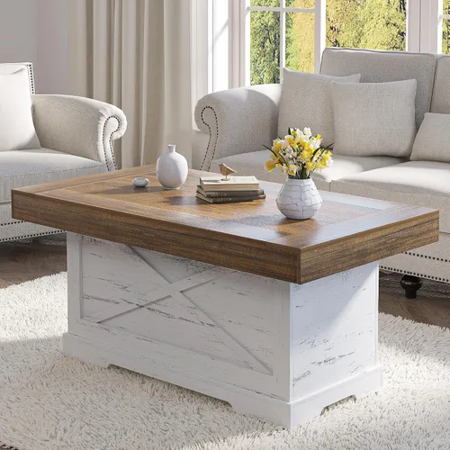 Vista 11 de Mesa de café Lareth 39 pulg. Mesa de centro rústica con pedestal de madera en X para sala de estar, ahorro de espacio, mesa de té de diseño