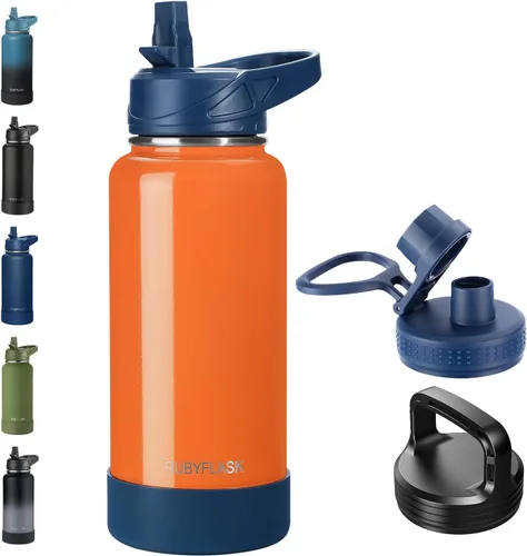Vista 13 de RUBYFLASK - Botella de agua aislada con pajilla, jarra de agua al vacío de acero inoxidable, 24 onzas, botella con 3 tapas a prueba de fugas