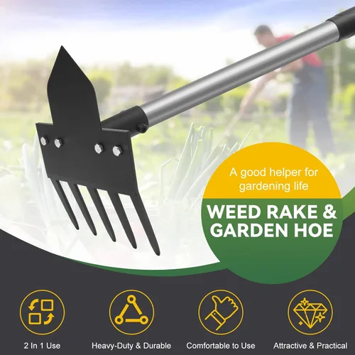Vista 7 de Herramientas de jardín 2 en 1, herramienta de extracción de malezas de 17-58 pulgadas con mango largo, mango resistente, azada de jardín y rastrillo