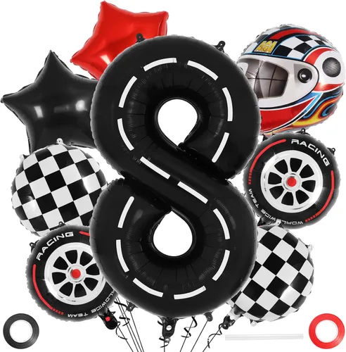 Vista 16 de Globos de cumpleaños de auto de carreras, globo número 0 de carrera, globo de aluminio grande de 40 pulgadas, globo negro 0 para decoración
