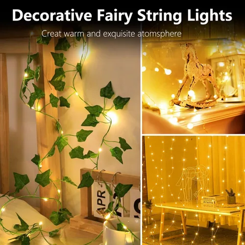 Vista 5 de Guirnalda de luces LED, serie de luces impermeables de 16.4 pies, funciona con pilas para bodas, hogar, jardín, fiesta, decoración de Navidad