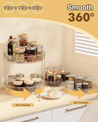 Vista 3 de INCOSTAR Paquete de 2 Organizadores Lazy Susan de 9.25'' y 11.81'' Plataforma Giratoria Lazy Susan de Dos Niveles para Gabinete, Especiero