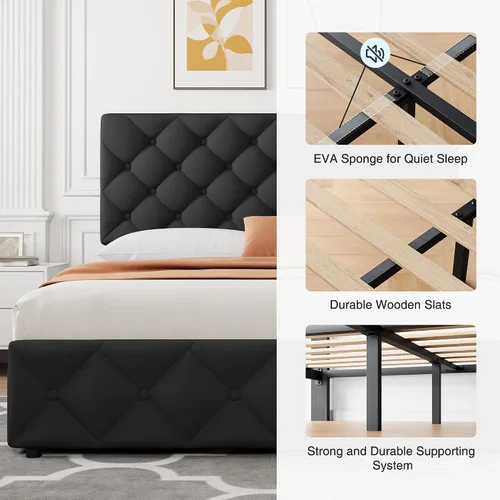 Vista 5 de IDEALHOUSE - Base de cama tamaño matrimonial con 4 cajones de almacenamiento y cabecera ajustable, camas con plataforma tapizada en lino, botones