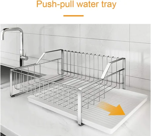 Vista 6 de Escurridor de acero inoxidable 304, escurridor de platos de una sola capa, estantes de cocina con jaula de cubiertos, ahorro de espacio