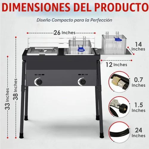 Vista 2 de Freidora de propano de doble tanque, grado comercial, de alta capacidad, con características de seguridad, ideal para catering y eventos al aire