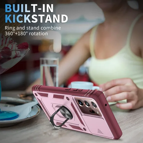 Vista 7 de PASNEW Funda rosa para Samsung Note 20 Ultra, funda para lente de cámara y soporte, funda rígida militar resistente a prueba de golpes para Galaxy
