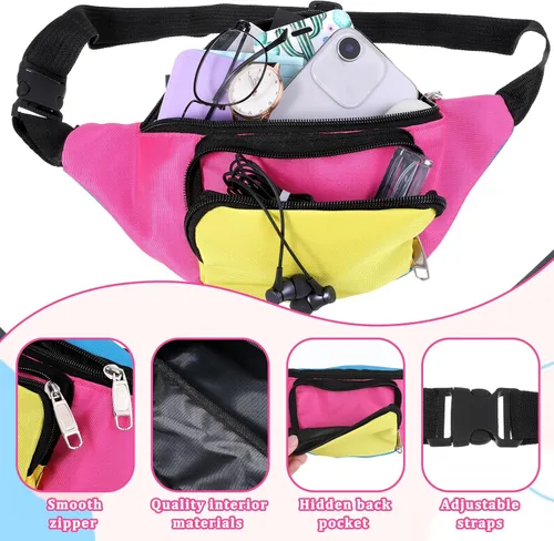 Vista 3 de Riñonera retro neón de los años 80 con 2 bolsillos, manos libres, pequeñas bolsas para cinturón para mujeres y hombres, viajes, fiesta de Halloween
