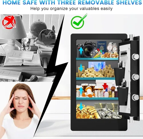 Vista 8 de Caja de seguridad biométrica grande de 23.62 pulgadas de alto con bolsa de documentos ignífuga, caja de seguridad de acero resistente con bloqueo