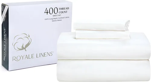 Vista 26 de ROYALE LINENS Juego de sábanas de 300 hilos 100% algodón peinado de fibras largas, 4 piezas, 1 sábana bajera, 1 encimera y 2 fundas de almohada