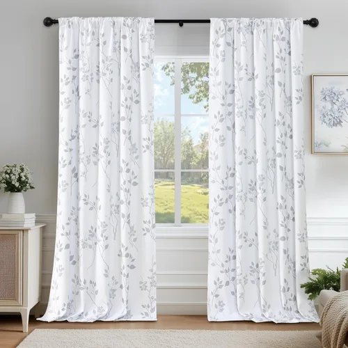 Vista 21 de Beauoop Cortinas Florales 100% Opacas de 54 Pulgadas de Largo, 2 Paneles para Dormitorio, Sala de Estar, Azul Gris y Blanco con Patrón de Flores