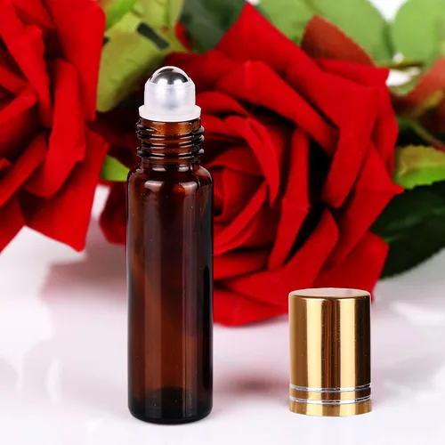 Vista 2 de inice 100 botellas de roll-on de 10 ml de vidrio ámbar para aceites esenciales con bolas de rodillo de acero inoxidable y tapa de aleación