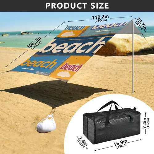 Vista 3 de Póster vintage de playa plegable para playa, protección UPF50+, impermeable, sombra refugio solar con bolsas de arena, pala de arena, postes